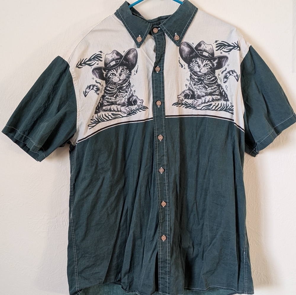Boozelele Green Southwest Wear Cowboy Cat Short Sleeve Button Down